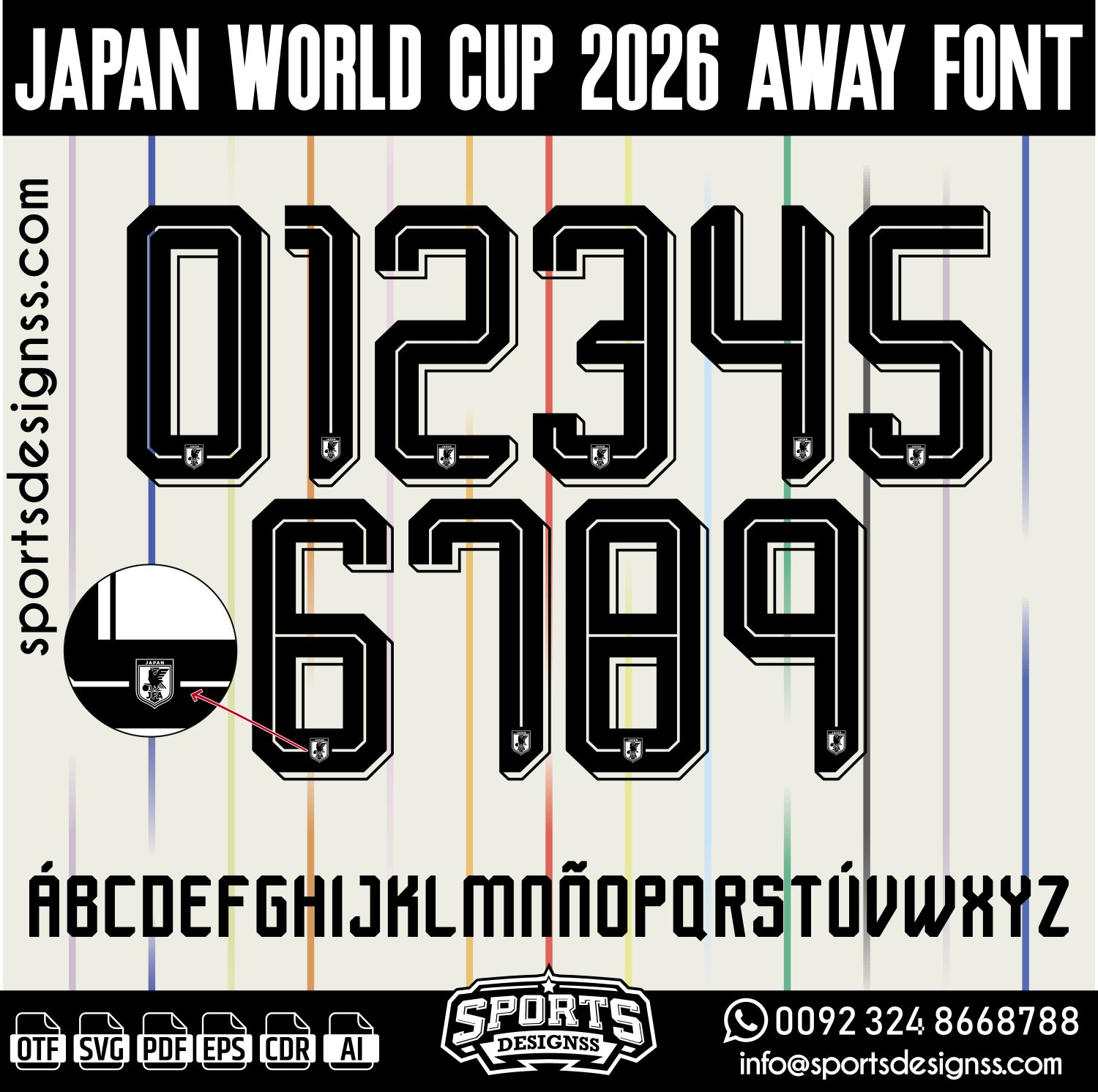 JAPAN WORLD CUP 2026 AWAY FONT by Sports Designss – a premium football jersey font inspired by modern kits. Perfect for creating professional soccer designs, team jerseys, and custom branding projects.