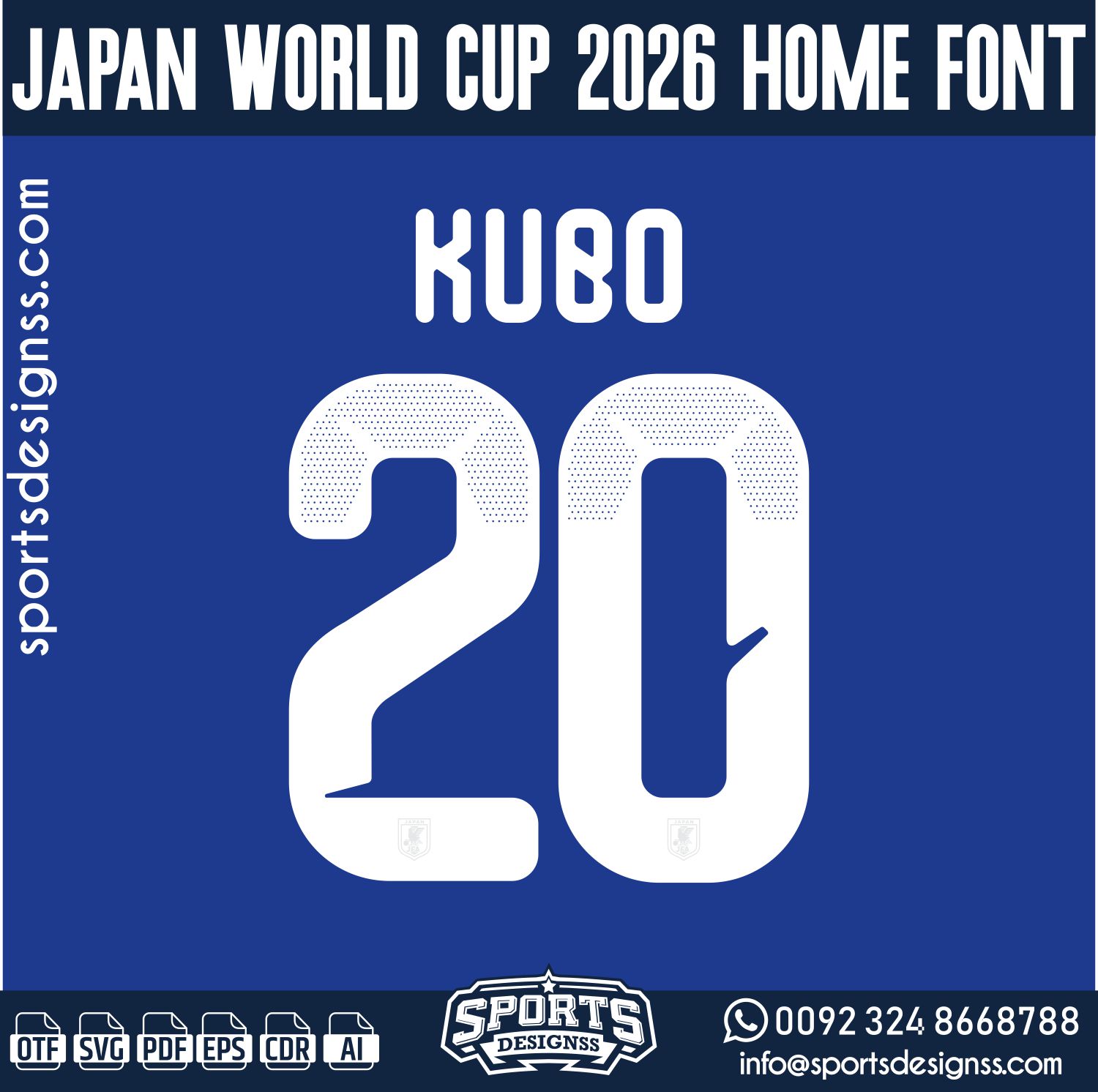 JAPAN WORLD CUP 2026 HOME FONT by Sports Designss – a premium football jersey font inspired by modern kits. Perfect for creating professional soccer designs, team jerseys, and custom branding projects.