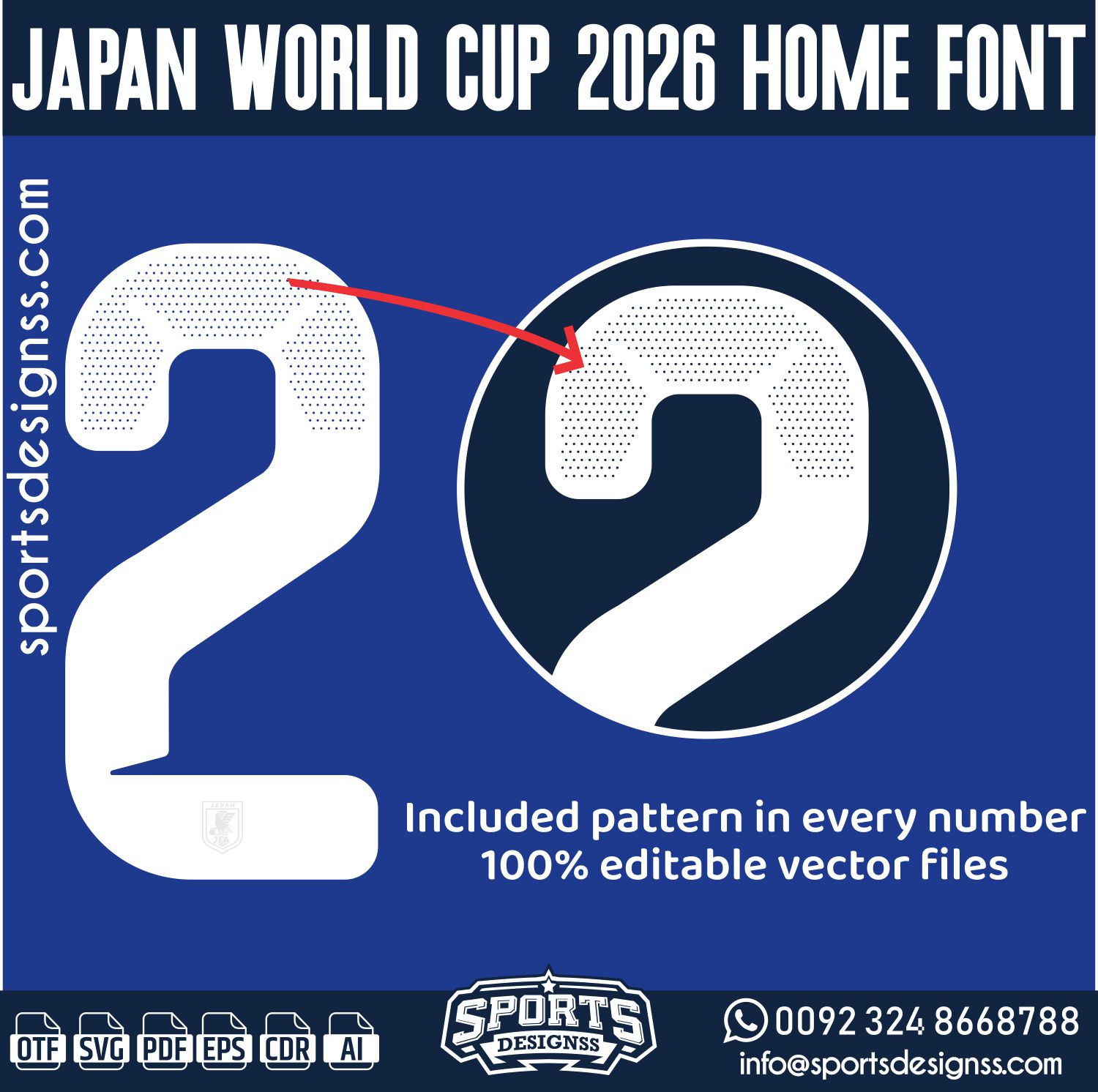 JAPAN WORLD CUP 2026 HOME FONT by Sports Designss – a premium football jersey font inspired by modern kits. Perfect for creating professional soccer designs, team jerseys, and custom branding projects.