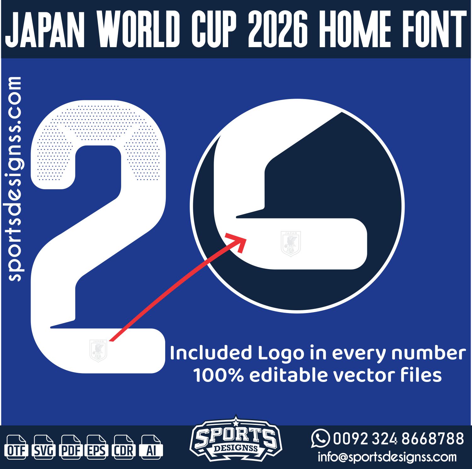 JAPAN WORLD CUP 2026 HOME FONT by Sports Designss – a premium football jersey font inspired by modern kits. Perfect for creating professional soccer designs, team jerseys, and custom branding projects.