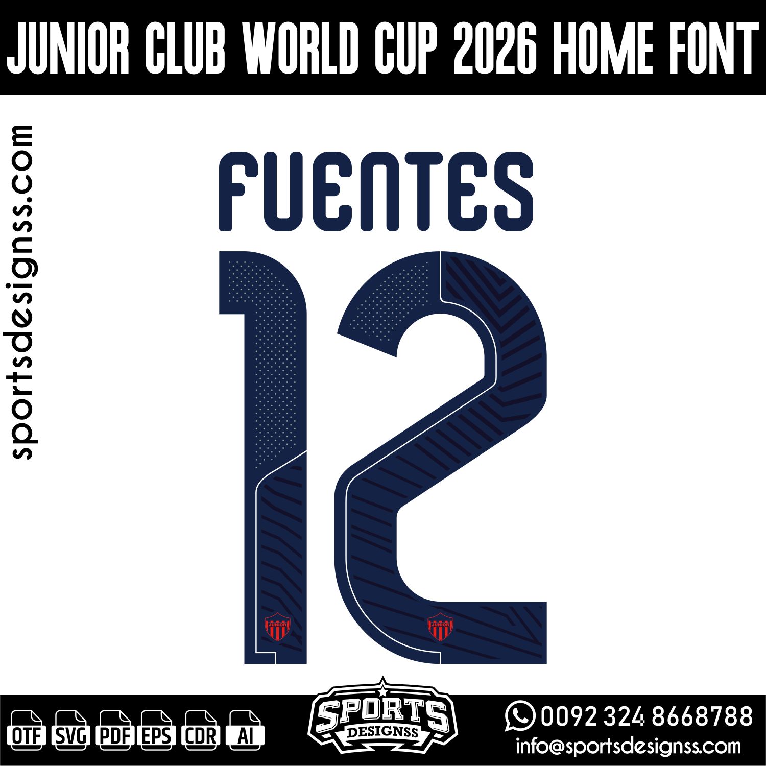 JUNIOR CLUB WORLD CUP 2026 FONT by Sports Designss – a premium football jersey font inspired by modern kits. Perfect for creating professional soccer designs, team jerseys, and custom branding projects.