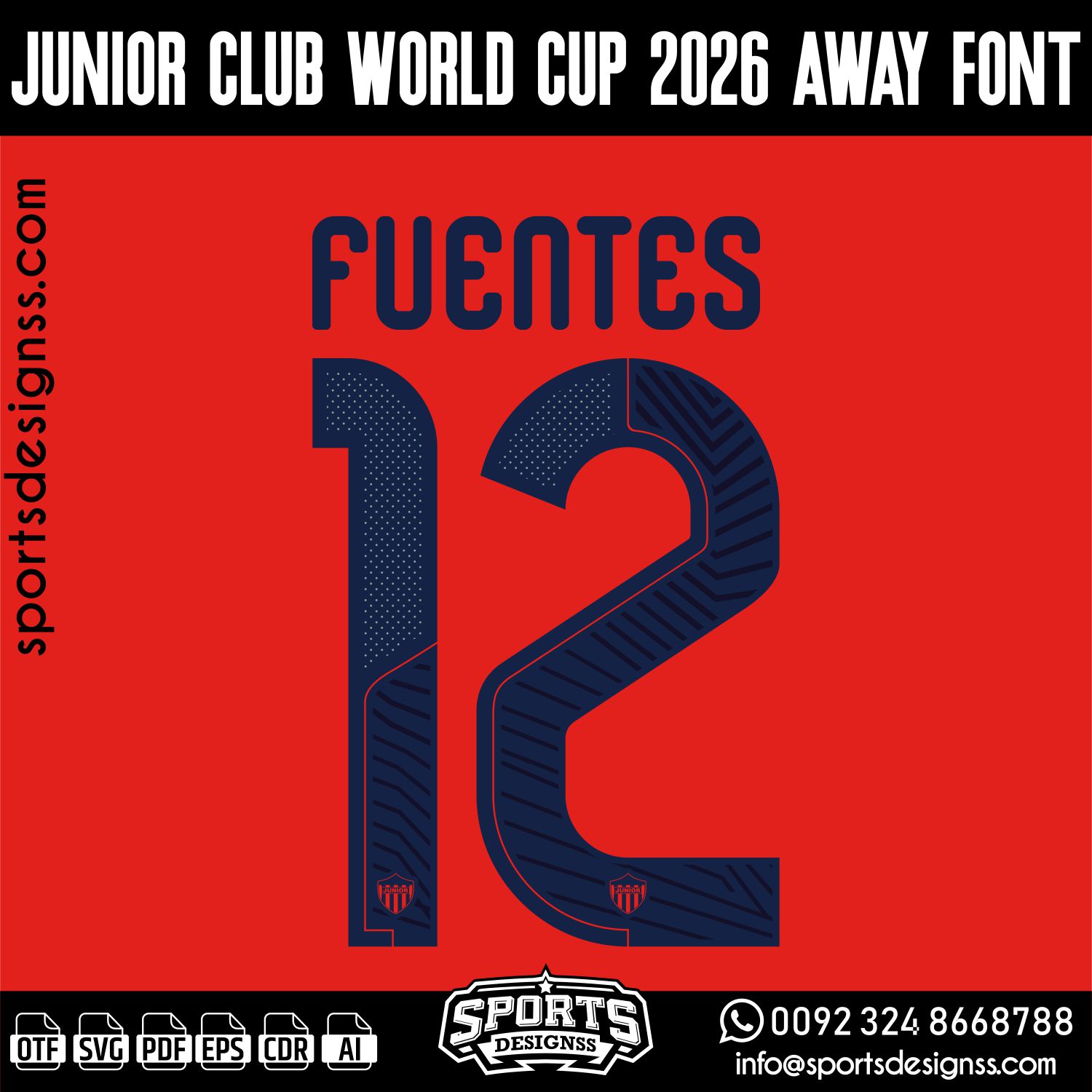 JUNIOR CLUB WORLD CUP 2026 FONT by Sports Designss – a premium football jersey font inspired by modern kits. Perfect for creating professional soccer designs, team jerseys, and custom branding projects.