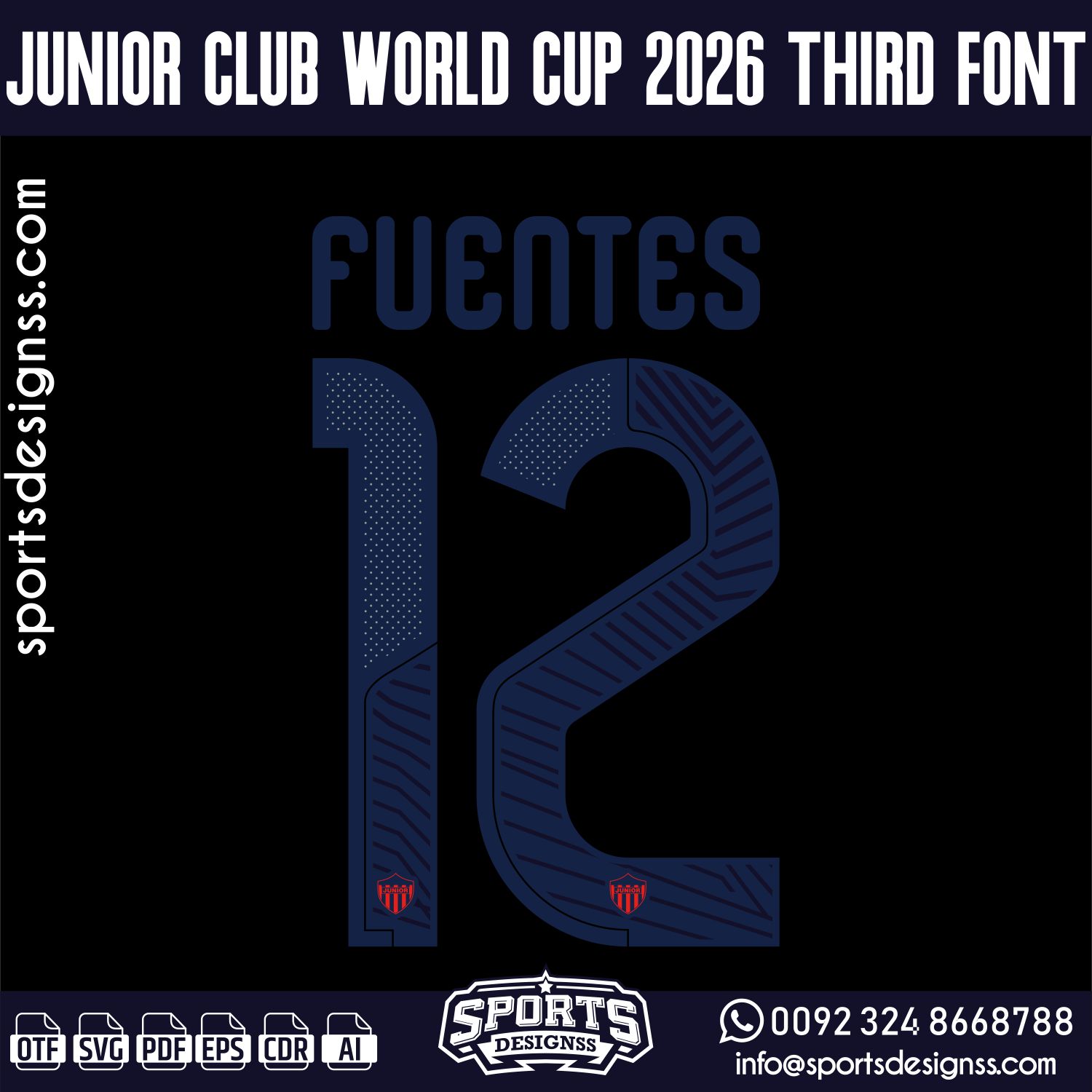 JUNIOR CLUB WORLD CUP 2026 FONT by Sports Designss – a premium football jersey font inspired by modern kits. Perfect for creating professional soccer designs, team jerseys, and custom branding projects.