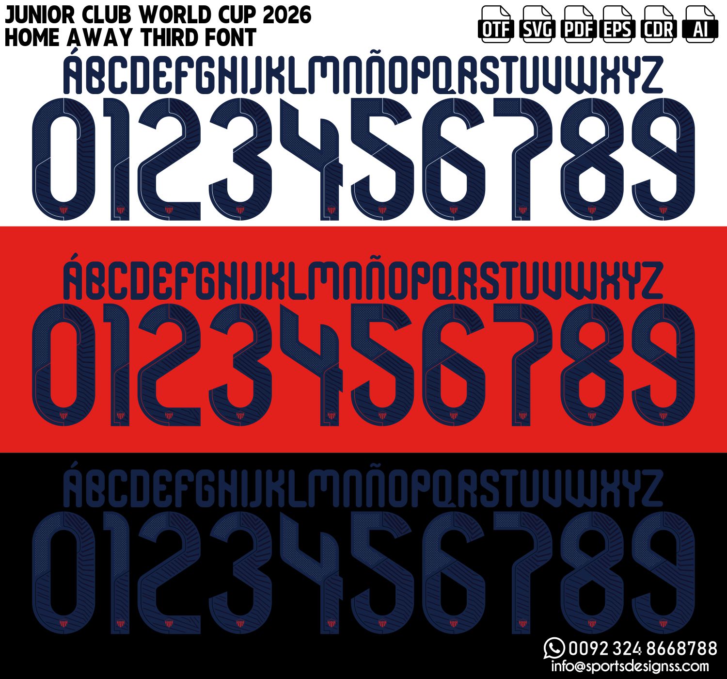 JUNIOR CLUB WORLD CUP 2026 FONT by Sports Designss – a premium football jersey font inspired by modern kits. Perfect for creating professional soccer designs, team jerseys, and custom branding projects.