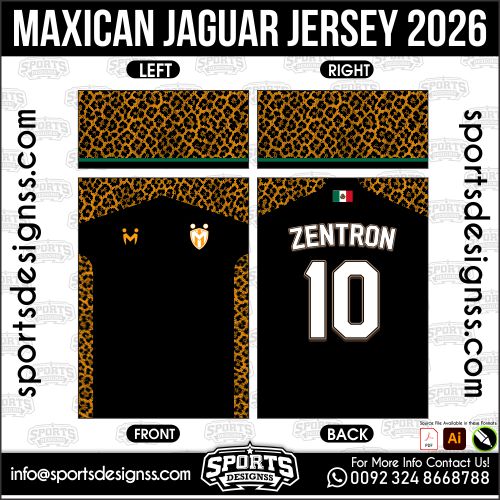 Download MAXICAN JAGUAR JERSEY. Premium sublimation football shirt design, editable AI file for custom soccer kits and printing.