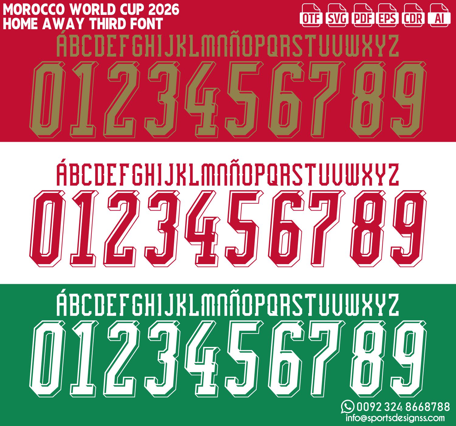 MOROCCO WORLD CUP 2026 FONT by Sports Designss – a premium football jersey font inspired by modern kits. Perfect for creating professional soccer designs, team jerseys, and custom branding projects.