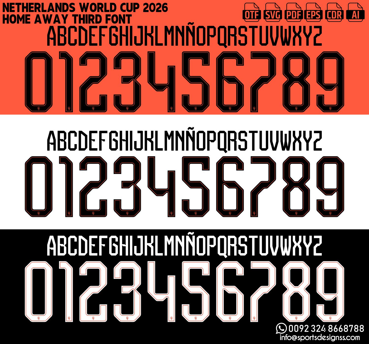 NETHERLANDS WORLD CUP 2026 FONT by Sports Designss – a premium football jersey font inspired by modern kits. Perfect for creating professional soccer designs, team jerseys, and custom branding projects.