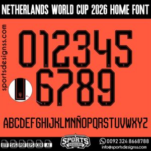 NETHERLANDS WORLD CUP 2026 HOME FONT by Sports Designss β a premium football jersey font inspired by modern kits. Perfect for creating professional soccer designs, team jerseys, and custom branding projects.