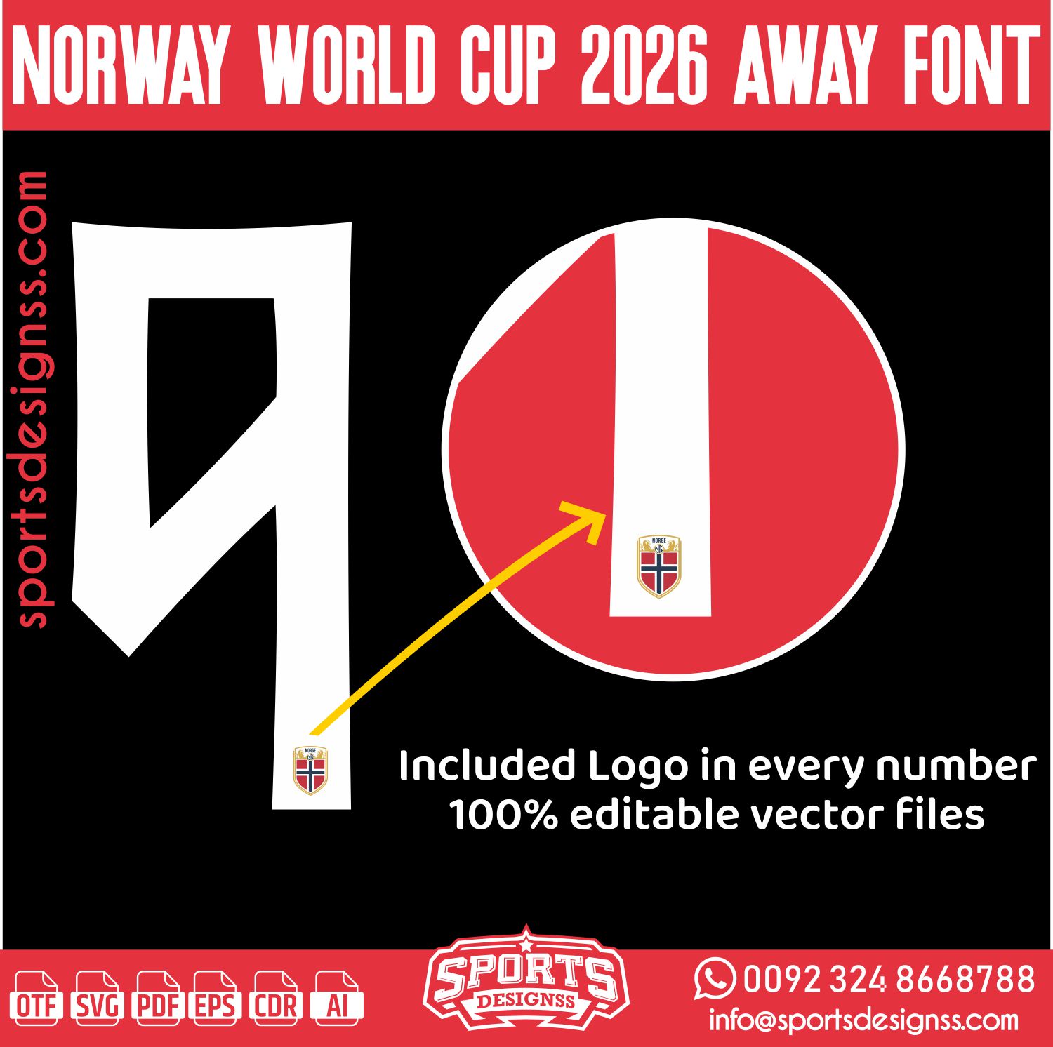 NORWAY WORLD CUP 2026 AWAY FONT by Sports Designss – a premium football jersey font inspired by modern kits. Perfect for creating professional soccer designs, team jerseys, and custom branding projects.