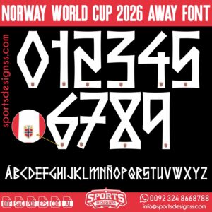NORWAY WORLD CUP 2026 AWAY FONT by Sports Designss β a premium football jersey font inspired by modern kits. Perfect for creating professional soccer designs, team jerseys, and custom branding projects.