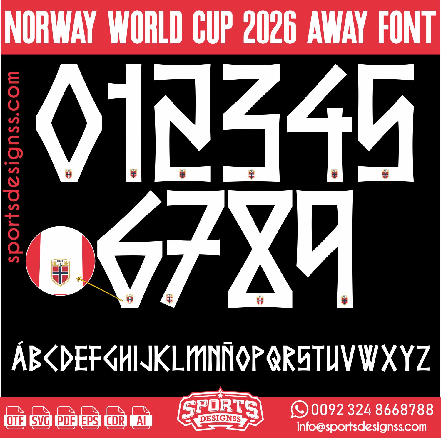 NORWAY WORLD CUP 2026 AWAY FONT by Sports Designss – a premium football jersey font inspired by modern kits. Perfect for creating professional soccer designs, team jerseys, and custom branding projects.