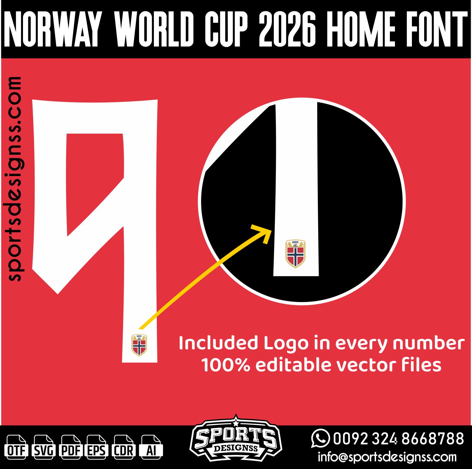 NORWAY WORLD CUP 2026 HOME FONT by Sports Designss – a premium football jersey font inspired by modern kits. Perfect for creating professional soccer designs, team jerseys, and custom branding projects.
