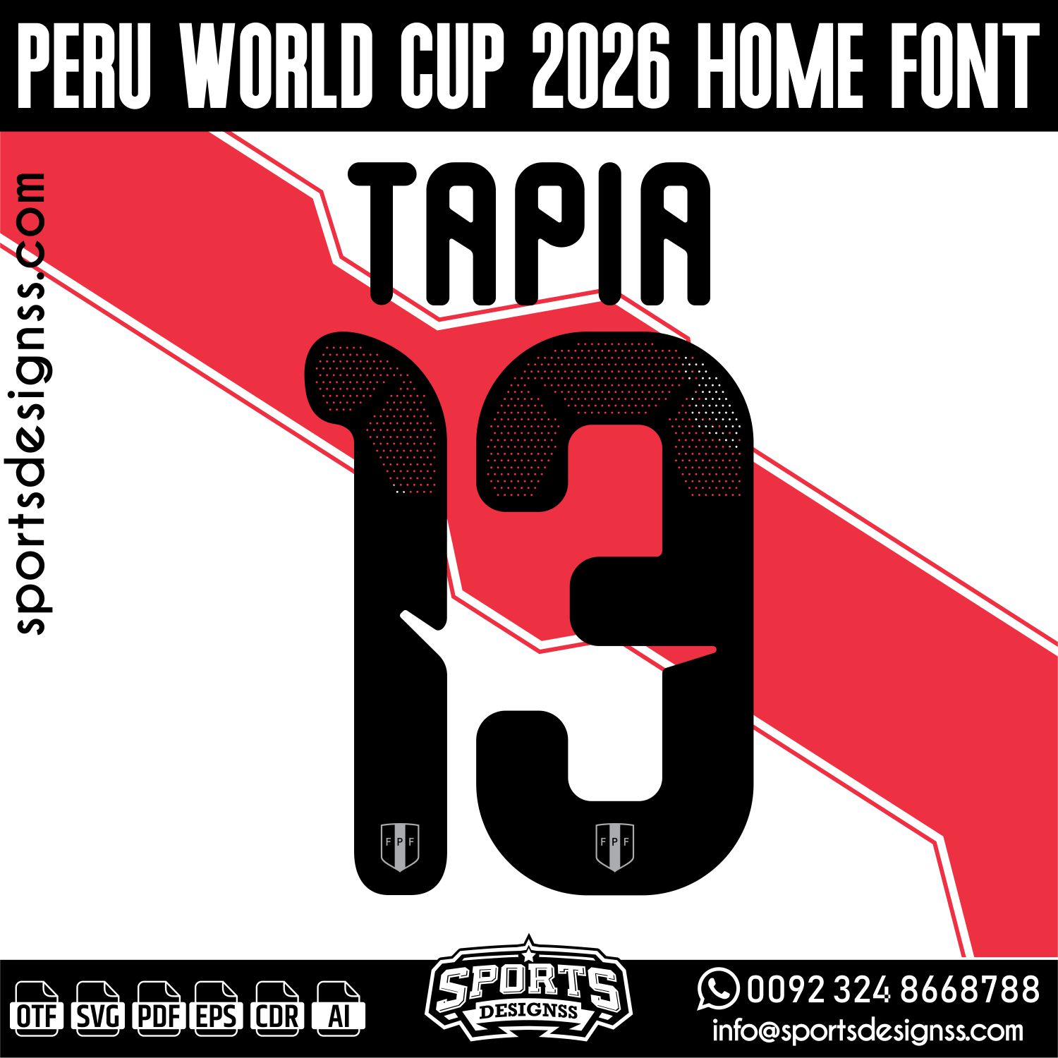 PERU WORLD CUP 2026 FONT by Sports Designss – a premium football jersey font inspired by modern kits. Perfect for creating professional soccer designs, team jerseys, and custom branding projects.
