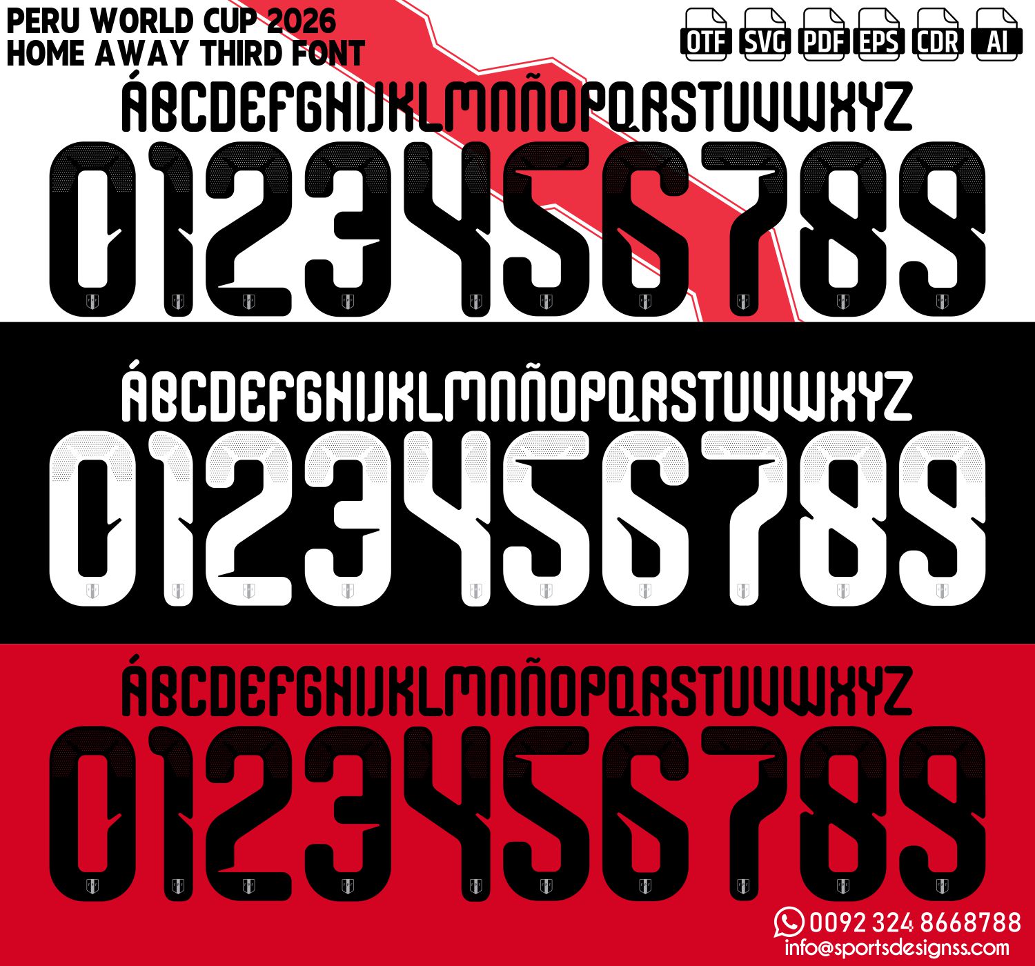 PERU WORLD CUP 2026 FONT by Sports Designss – a premium football jersey font inspired by modern kits. Perfect for creating professional soccer designs, team jerseys, and custom branding projects.