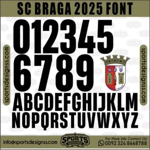 Download the SC BRAGA 2025 Font by Sports Designss – a premium football jersey font inspired by modern kits. Perfect for creating professional soccer designs, team jerseys, and custom branding projects.