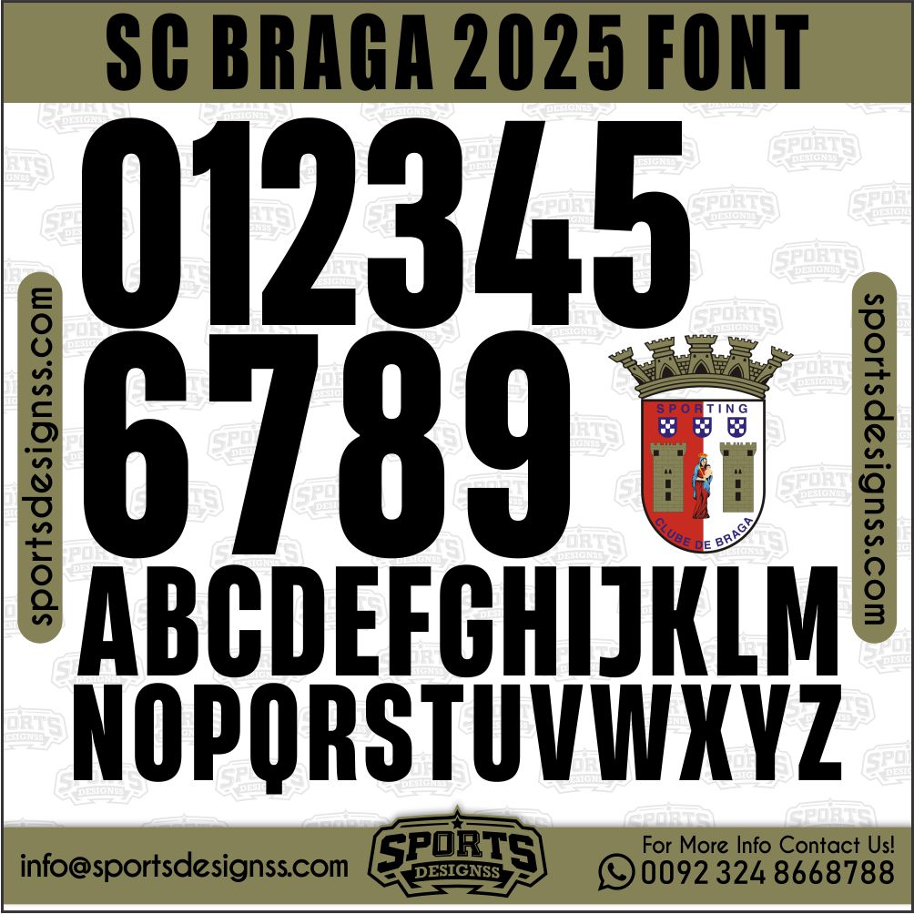 Download the SC BRAGA 2025 Font by Sports Designss – a premium football jersey font inspired by modern kits. Perfect for creating professional soccer designs, team jerseys, and custom branding projects.