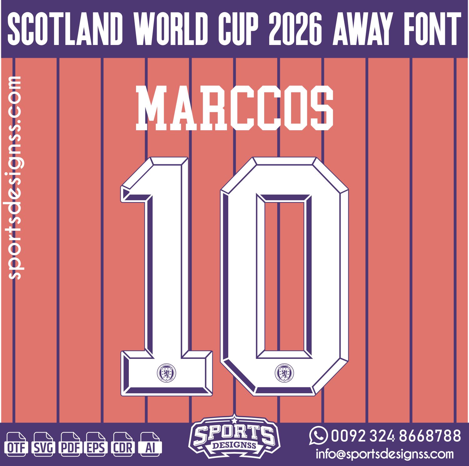 SCOTLAND WORLD CUP 2026 AWAY FONT by Sports Designss – a premium football jersey font inspired by modern kits. Perfect for creating professional soccer designs, team jerseys, and custom branding projects.