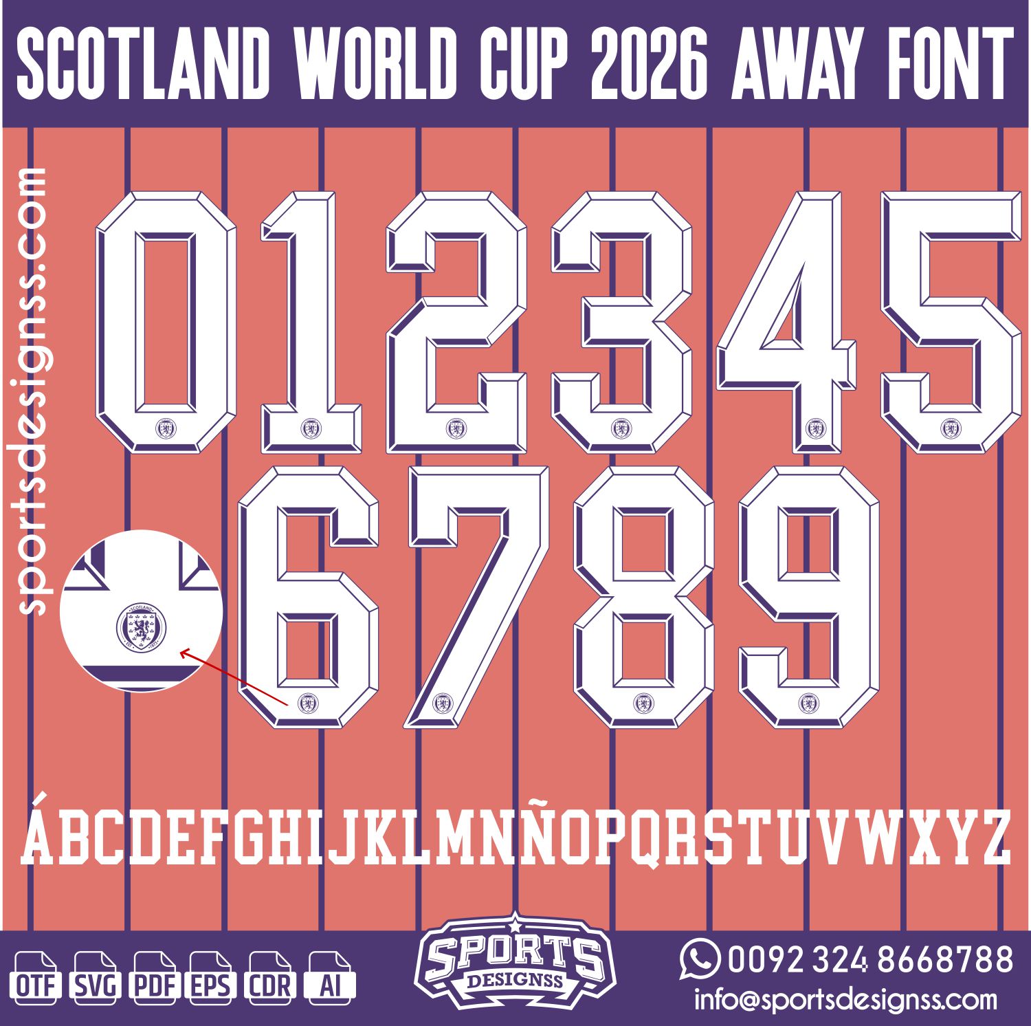 SCOTLAND WORLD CUP 2026 AWAY FONT by Sports Designss – a premium football jersey font inspired by modern kits. Perfect for creating professional soccer designs, team jerseys, and custom branding projects.