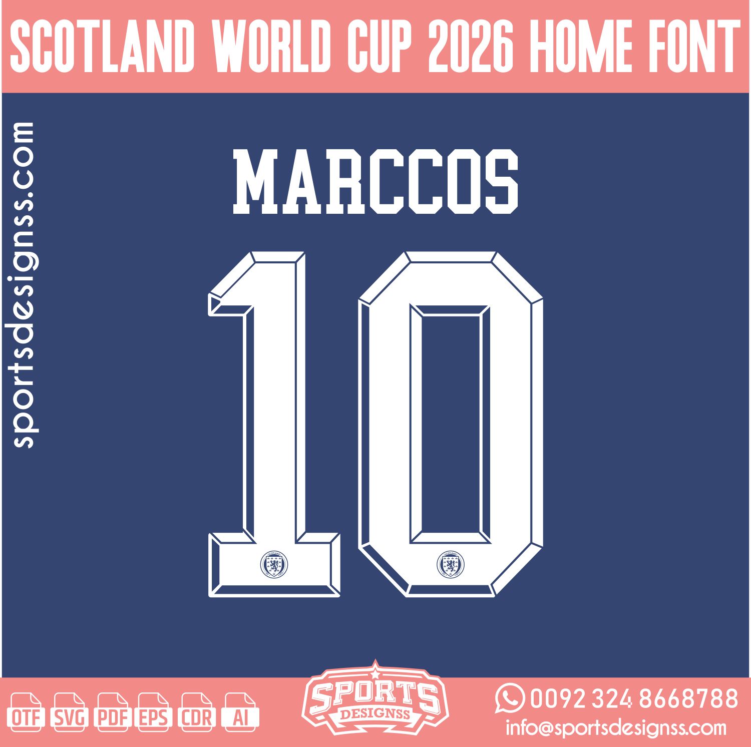 SCOTLAND WORLD CUP 2026 HOME FONT by Sports Designss – a premium football jersey font inspired by modern kits. Perfect for creating professional soccer designs, team jerseys, and custom branding projects.