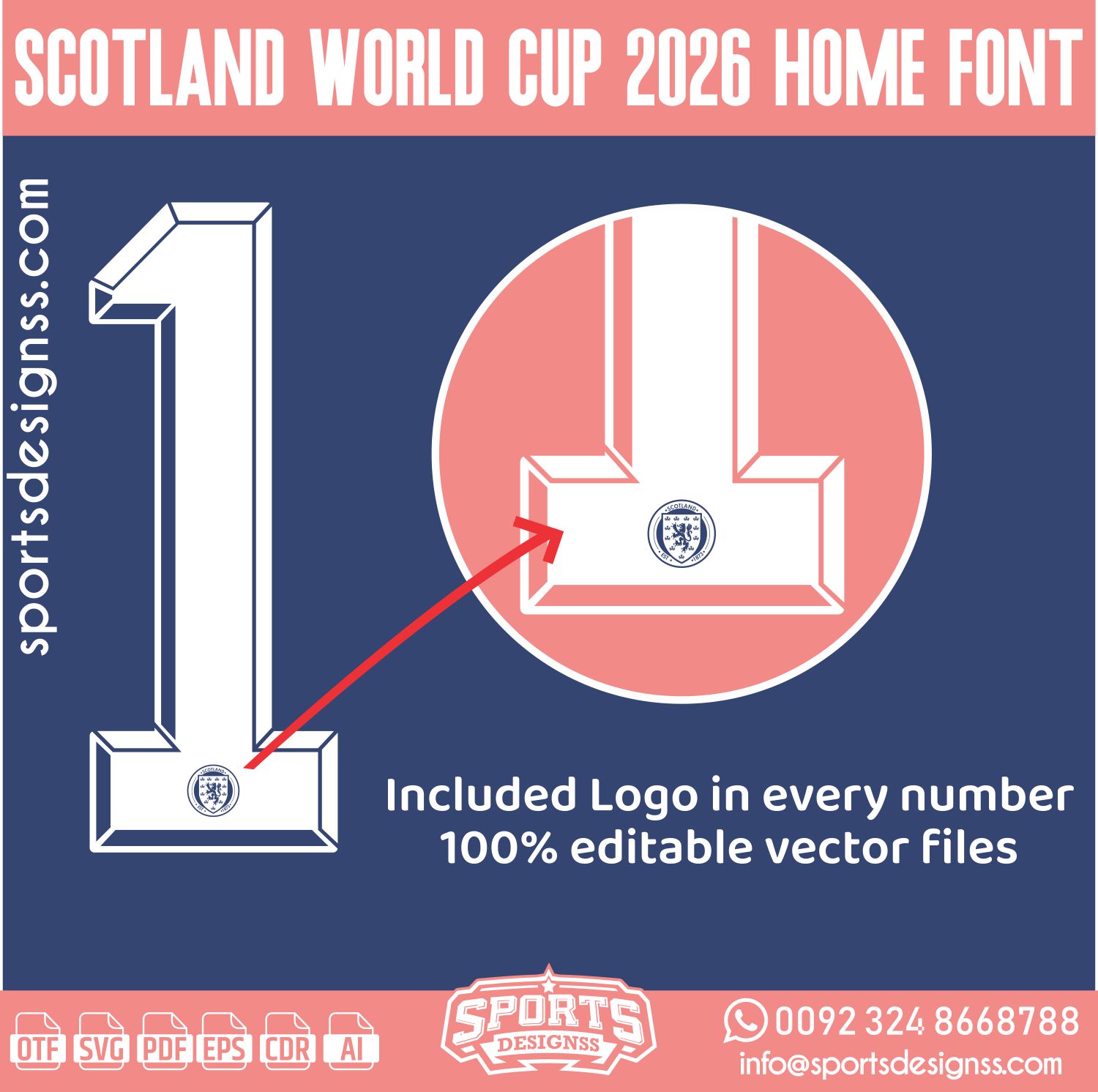 SCOTLAND WORLD CUP 2026 HOME FONT by Sports Designss – a premium football jersey font inspired by modern kits. Perfect for creating professional soccer designs, team jerseys, and custom branding projects.