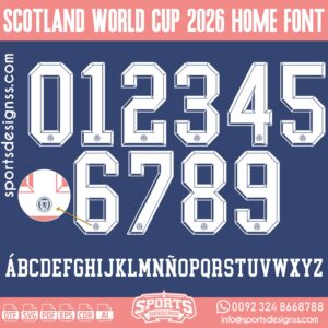 SCOTLAND WORLD CUP 2026 HOME FONT by Sports Designss – a premium football jersey font inspired by modern kits. Perfect for creating professional soccer designs, team jerseys, and custom branding projects.