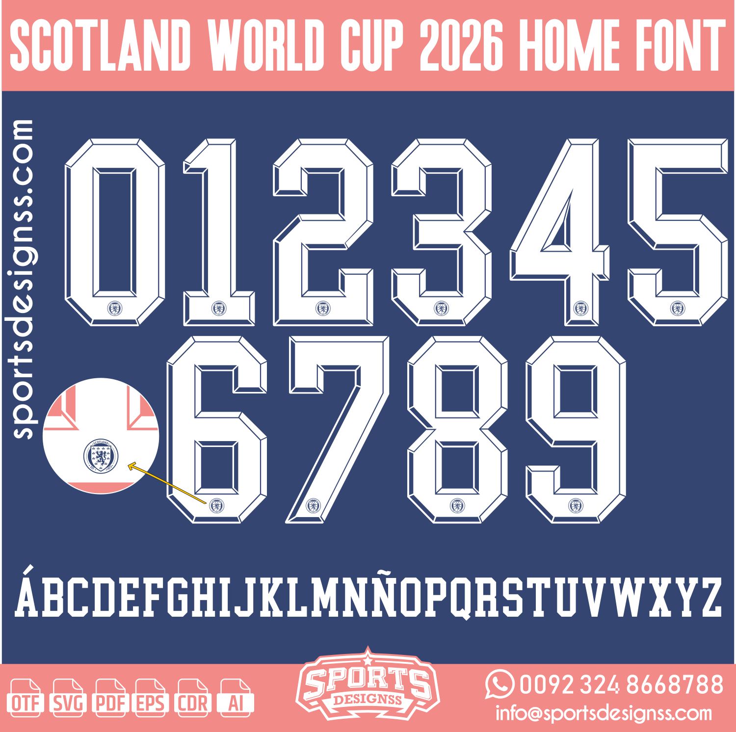 SCOTLAND WORLD CUP 2026 HOME FONT by Sports Designss – a premium football jersey font inspired by modern kits. Perfect for creating professional soccer designs, team jerseys, and custom branding projects.