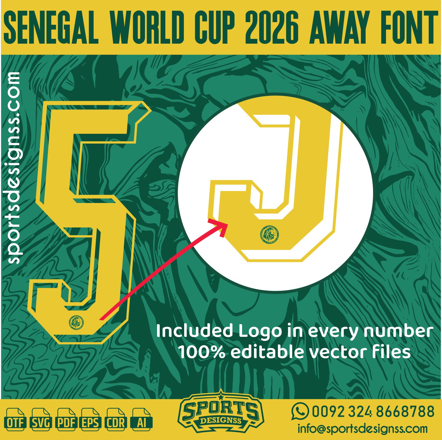 SENEGAL WORLD CUP 2026 AWAY FONT by Sports Designss – a premium football jersey font inspired by modern kits. Perfect for creating professional soccer designs, team jerseys, and custom branding projects.