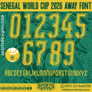 SENEGAL WORLD CUP 2026 AWAY FONT by Sports Designss β a premium football jersey font inspired by modern kits. Perfect for creating professional soccer designs, team jerseys, and custom branding projects.