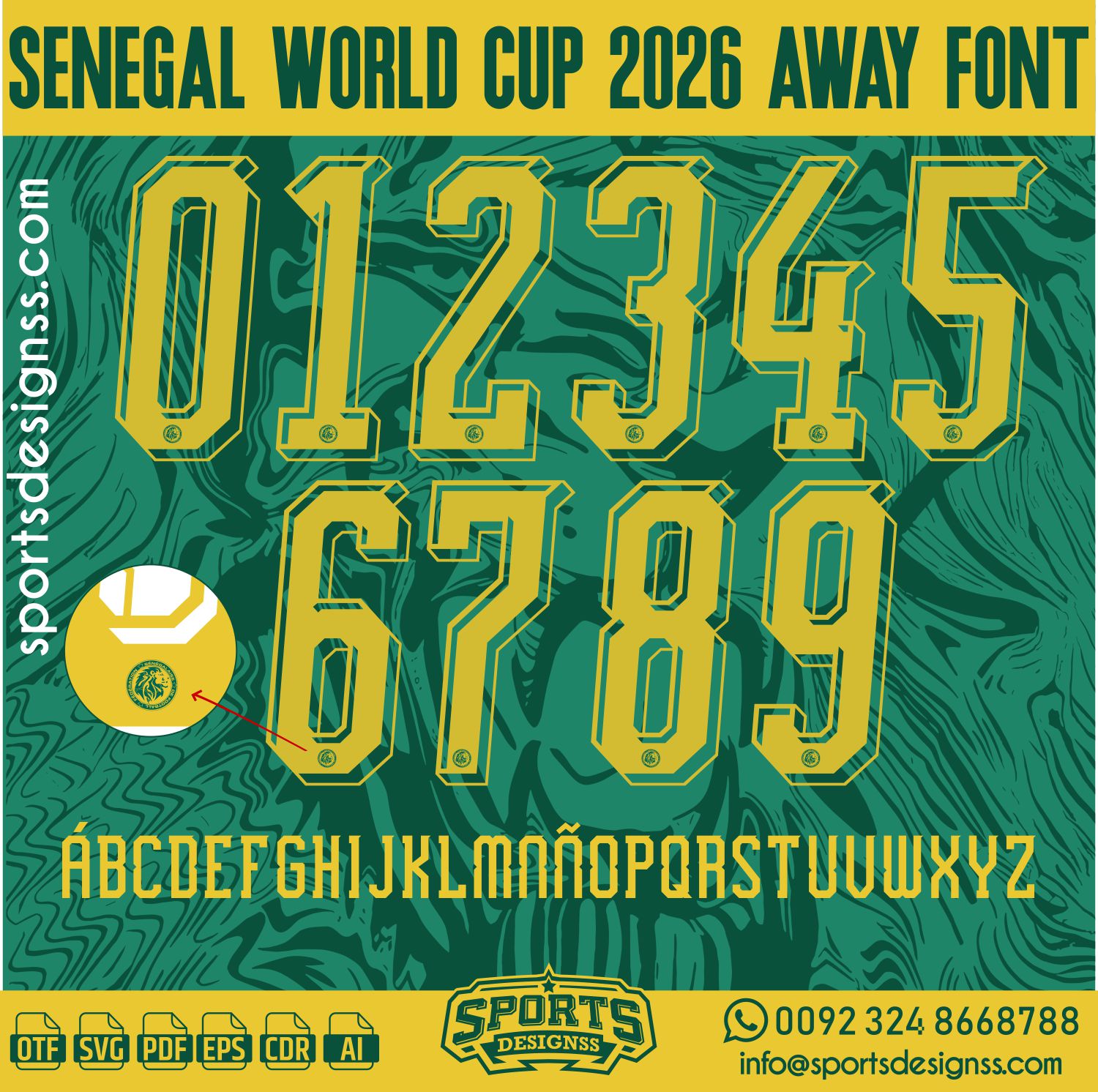 SENEGAL WORLD CUP 2026 AWAY FONT by Sports Designss – a premium football jersey font inspired by modern kits. Perfect for creating professional soccer designs, team jerseys, and custom branding projects.