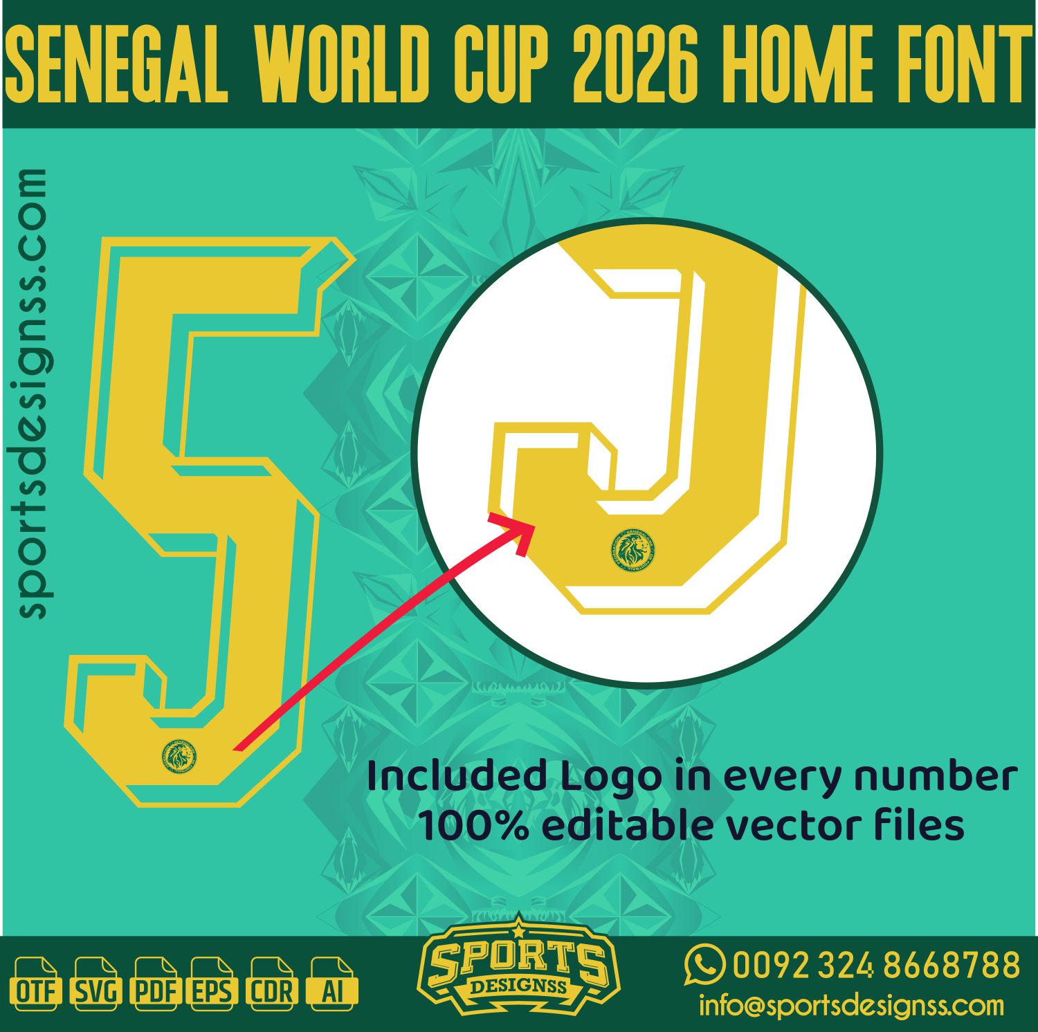 SENEGAL WORLD CUP 2026 HOME FONT by Sports Designss – a premium football jersey font inspired by modern kits. Perfect for creating professional soccer designs, team jerseys, and custom branding projects.