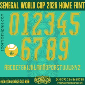 SENEGAL WORLD CUP 2026 HOME FONT by Sports Designss – a premium football jersey font inspired by modern kits. Perfect for creating professional soccer designs, team jerseys, and custom branding projects.