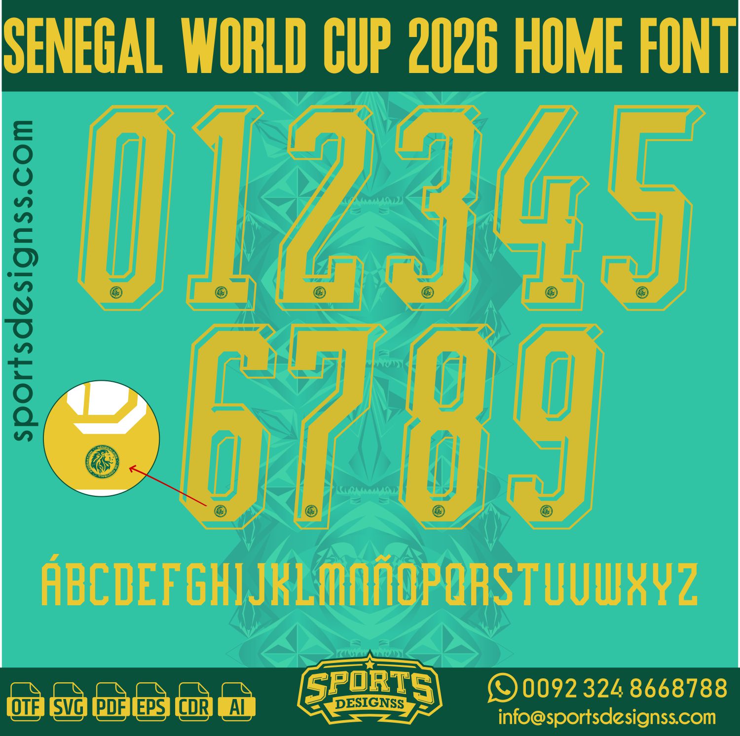 SENEGAL WORLD CUP 2026 HOME FONT by Sports Designss – a premium football jersey font inspired by modern kits. Perfect for creating professional soccer designs, team jerseys, and custom branding projects.