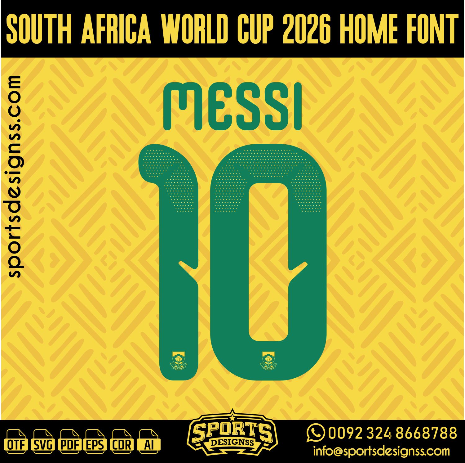 SOUTH AFRICA WORLD CUP 2026 FONT by Sports Designss – a premium football jersey font inspired by modern kits. Perfect for creating professional soccer designs, team jerseys, and custom branding projects.