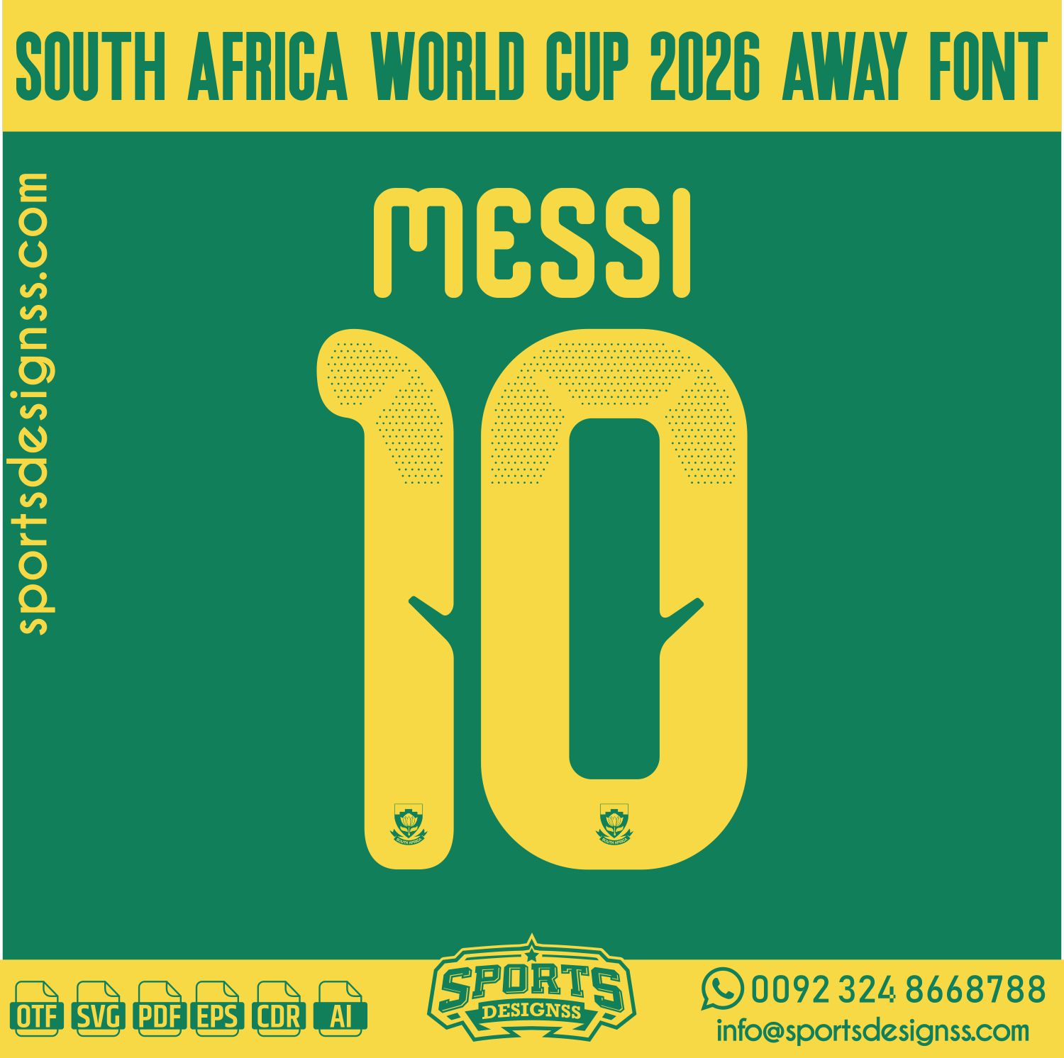 SOUTH AFRICA WORLD CUP 2026 FONT by Sports Designss – a premium football jersey font inspired by modern kits. Perfect for creating professional soccer designs, team jerseys, and custom branding projects.