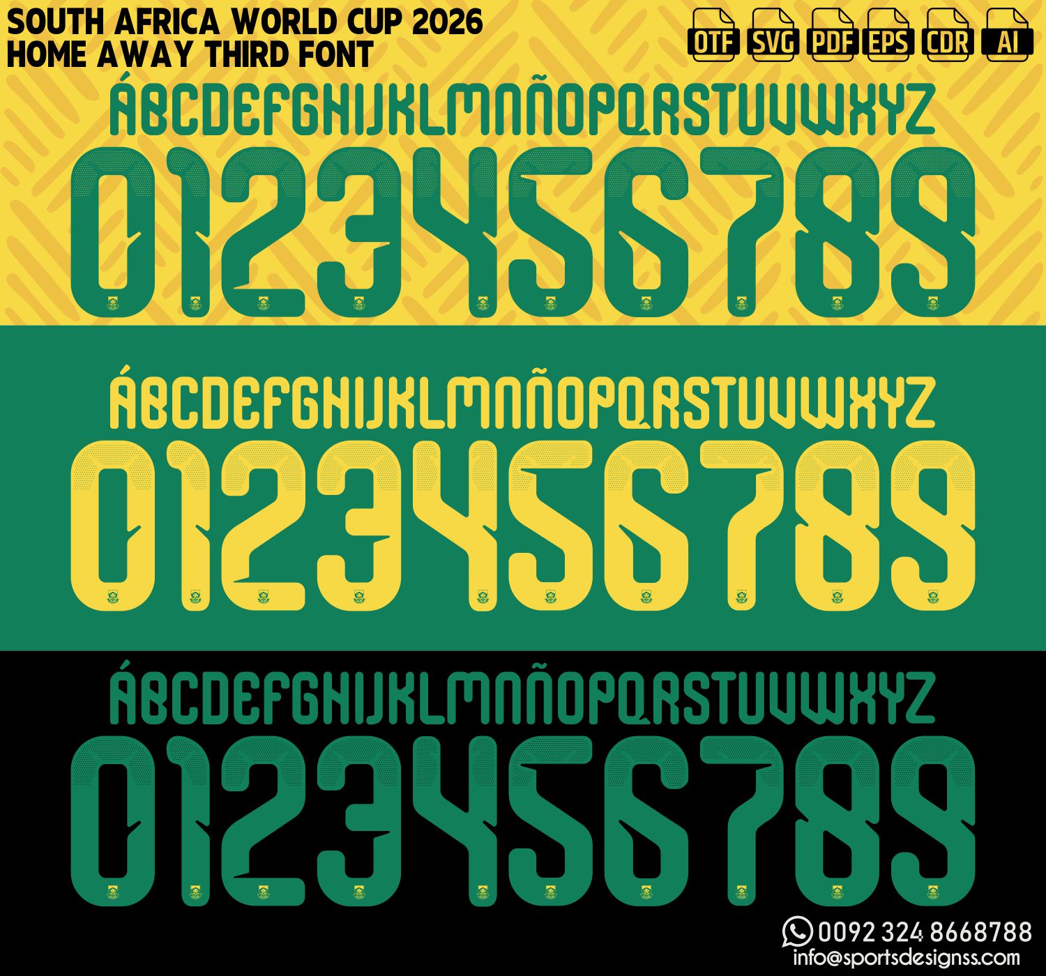 SOUTH AFRICA WORLD CUP 2026 FONT by Sports Designss – a premium football jersey font inspired by modern kits. Perfect for creating professional soccer designs, team jerseys, and custom branding projects.