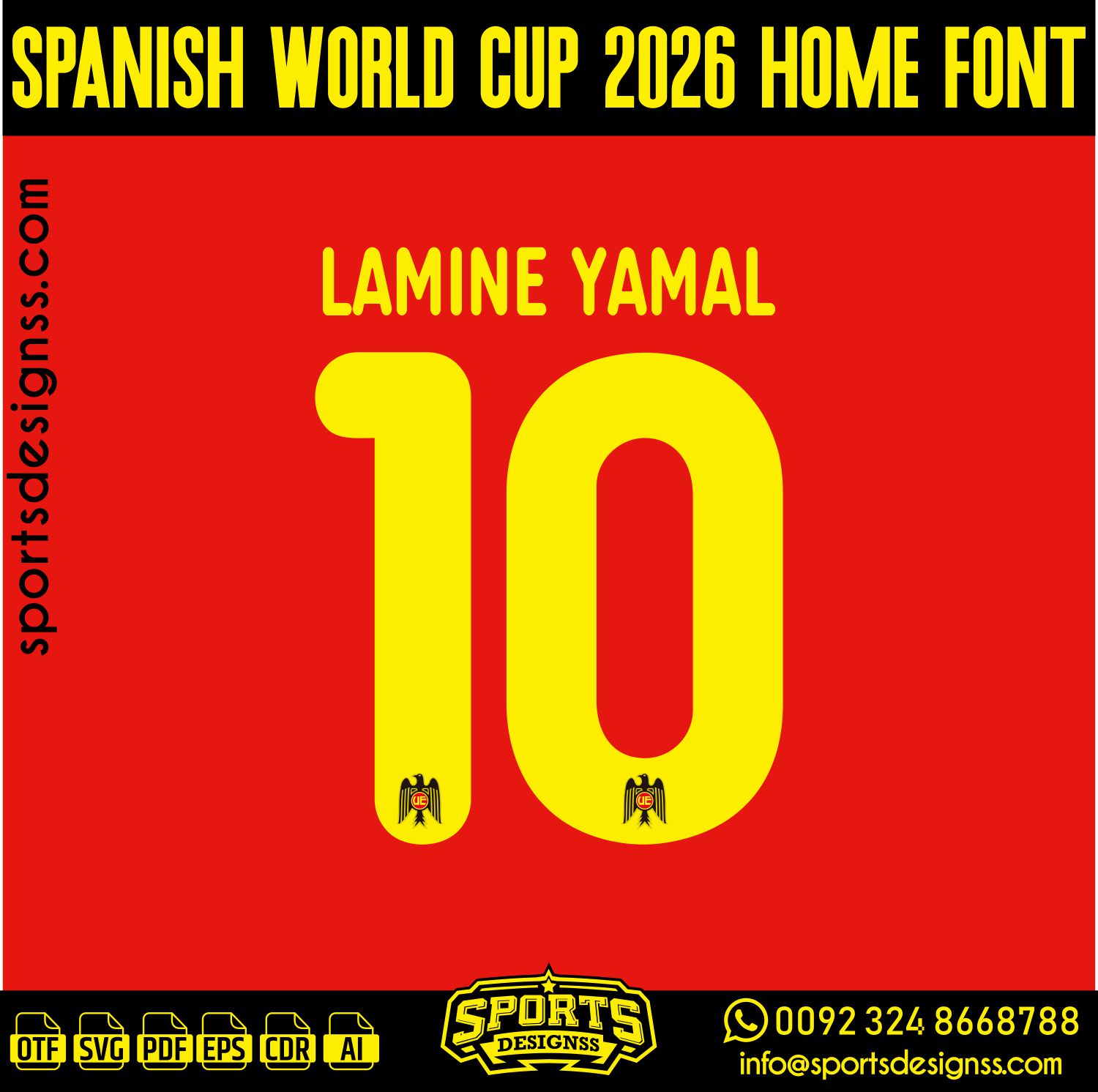 SPANISH WORLD CUP 2026 FONT by Sports Designss – a premium football jersey font inspired by modern kits. Perfect for creating professional soccer designs, team jerseys, and custom branding projects.
