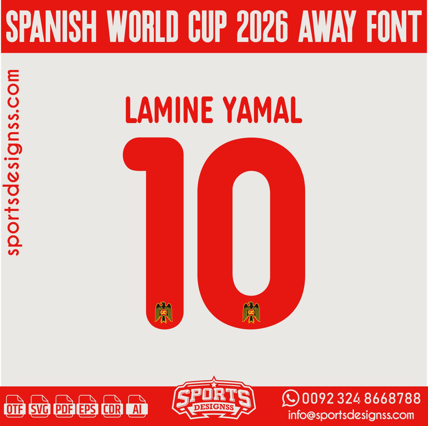 SPANISH WORLD CUP 2026 FONT by Sports Designss – a premium football jersey font inspired by modern kits. Perfect for creating professional soccer designs, team jerseys, and custom branding projects.