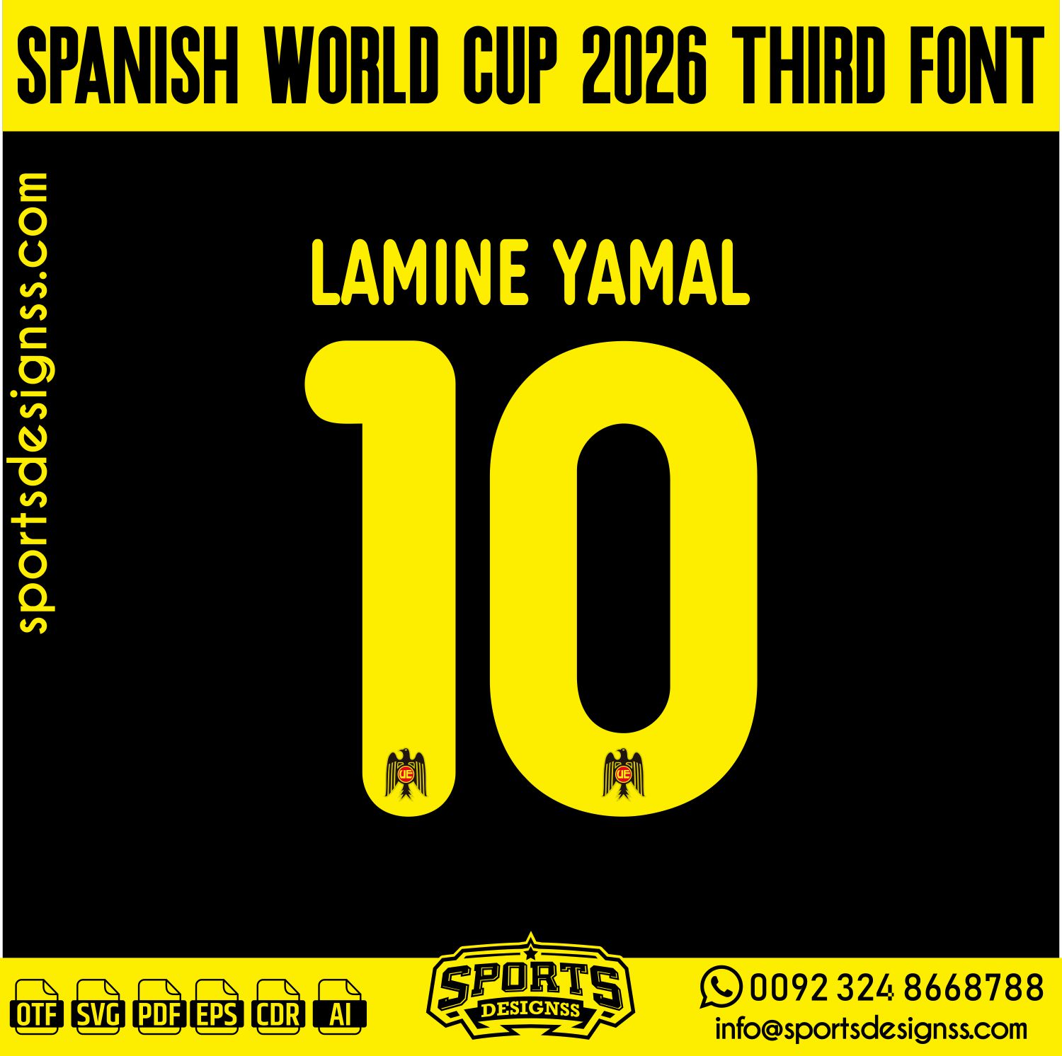 SPANISH WORLD CUP 2026 FONT by Sports Designss – a premium football jersey font inspired by modern kits. Perfect for creating professional soccer designs, team jerseys, and custom branding projects.