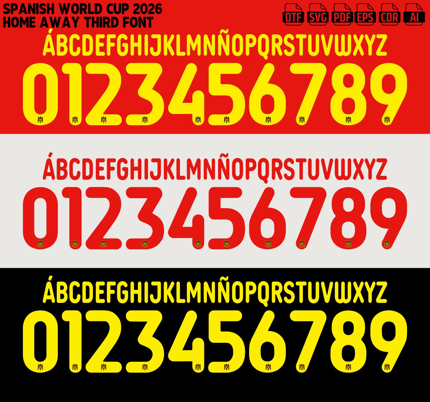 SPANISH WORLD CUP 2026 FONT by Sports Designss – a premium football jersey font inspired by modern kits. Perfect for creating professional soccer designs, team jerseys, and custom branding projects.