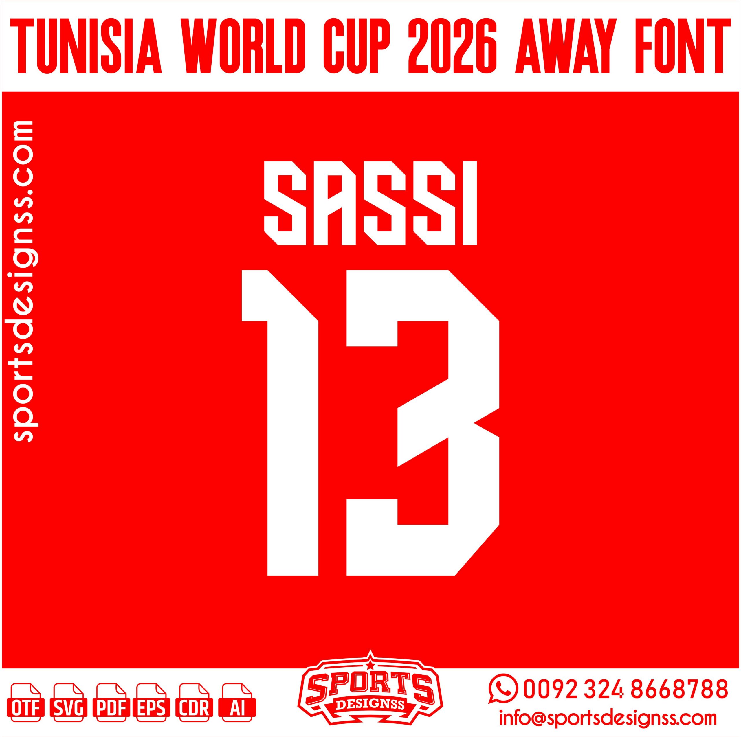 TUNISIA WORLD CUP 2026 AWAY FONT by Sports Designss – a premium football jersey font inspired by modern kits. Perfect for creating professional soccer designs, team jerseys, and custom branding projects.
