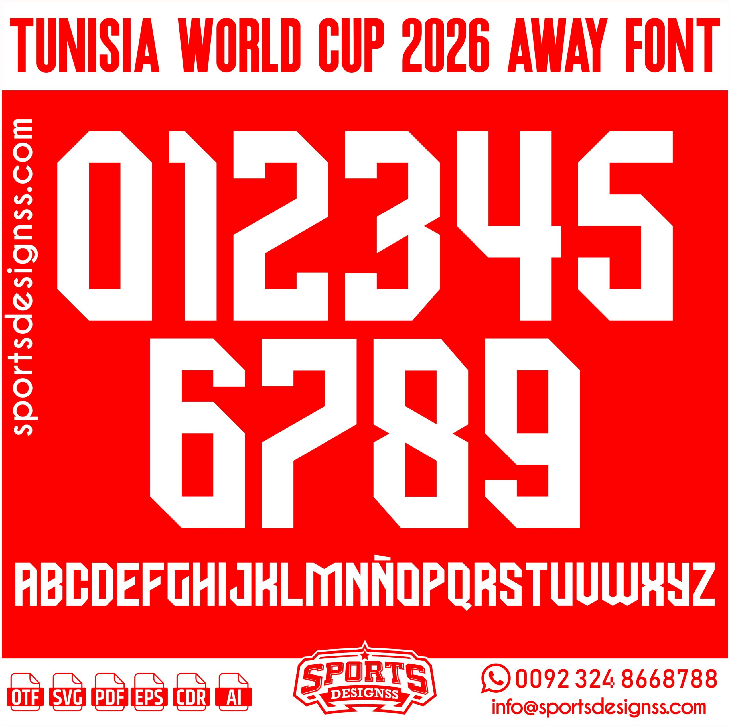TUNISIA WORLD CUP 2026 AWAY FONT by Sports Designss – a premium football jersey font inspired by modern kits. Perfect for creating professional soccer designs, team jerseys, and custom branding projects.