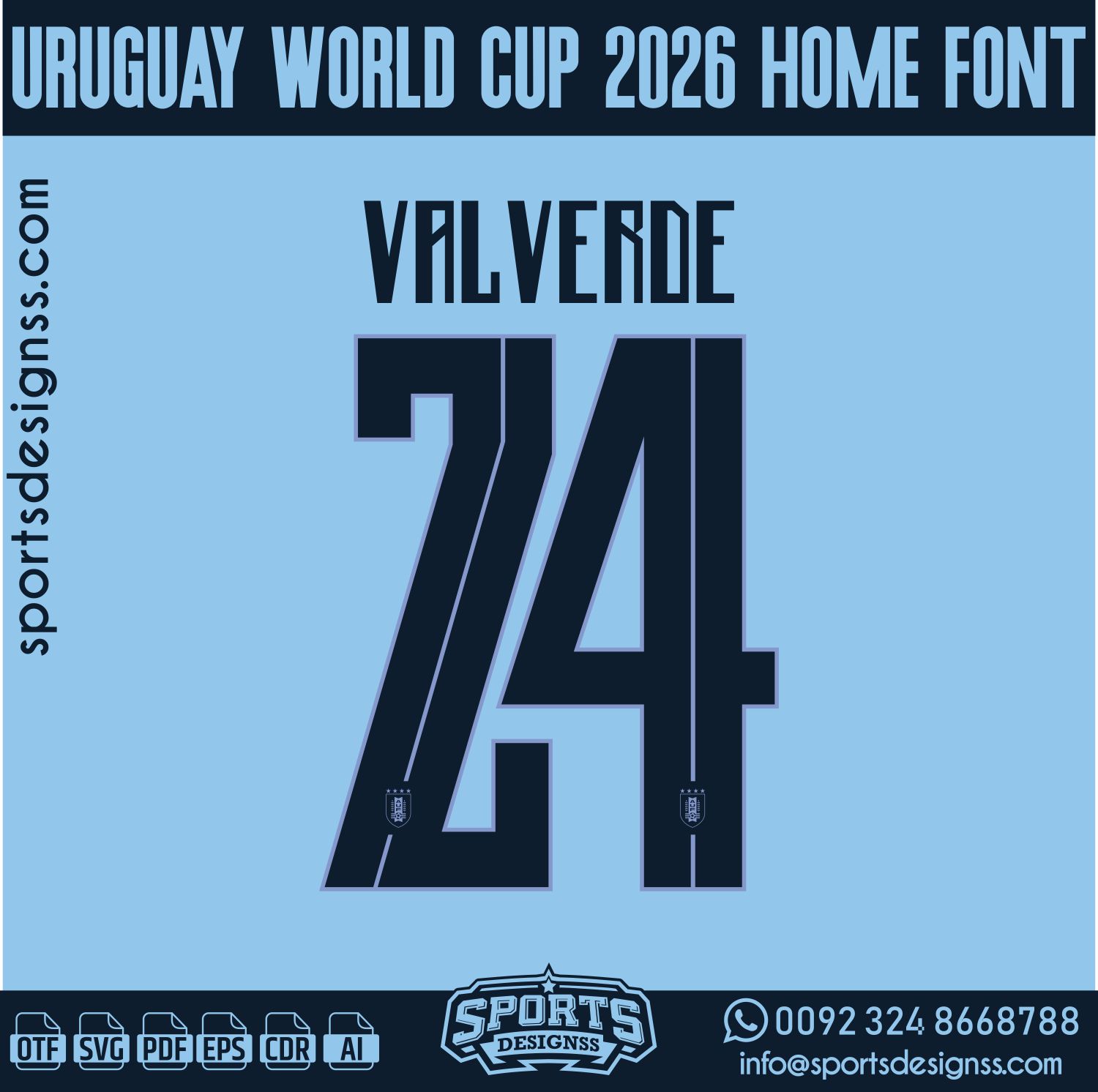 URUGUAY WORLD CUP 2026 FONT by Sports Designss – a premium football jersey font inspired by modern kits. Perfect for creating professional soccer designs, team jerseys, and custom branding projects.