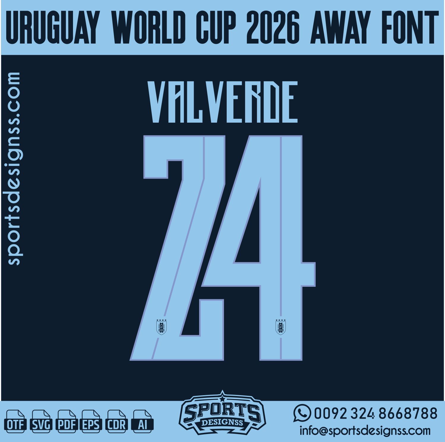 URUGUAY WORLD CUP 2026 FONT by Sports Designss – a premium football jersey font inspired by modern kits. Perfect for creating professional soccer designs, team jerseys, and custom branding projects.