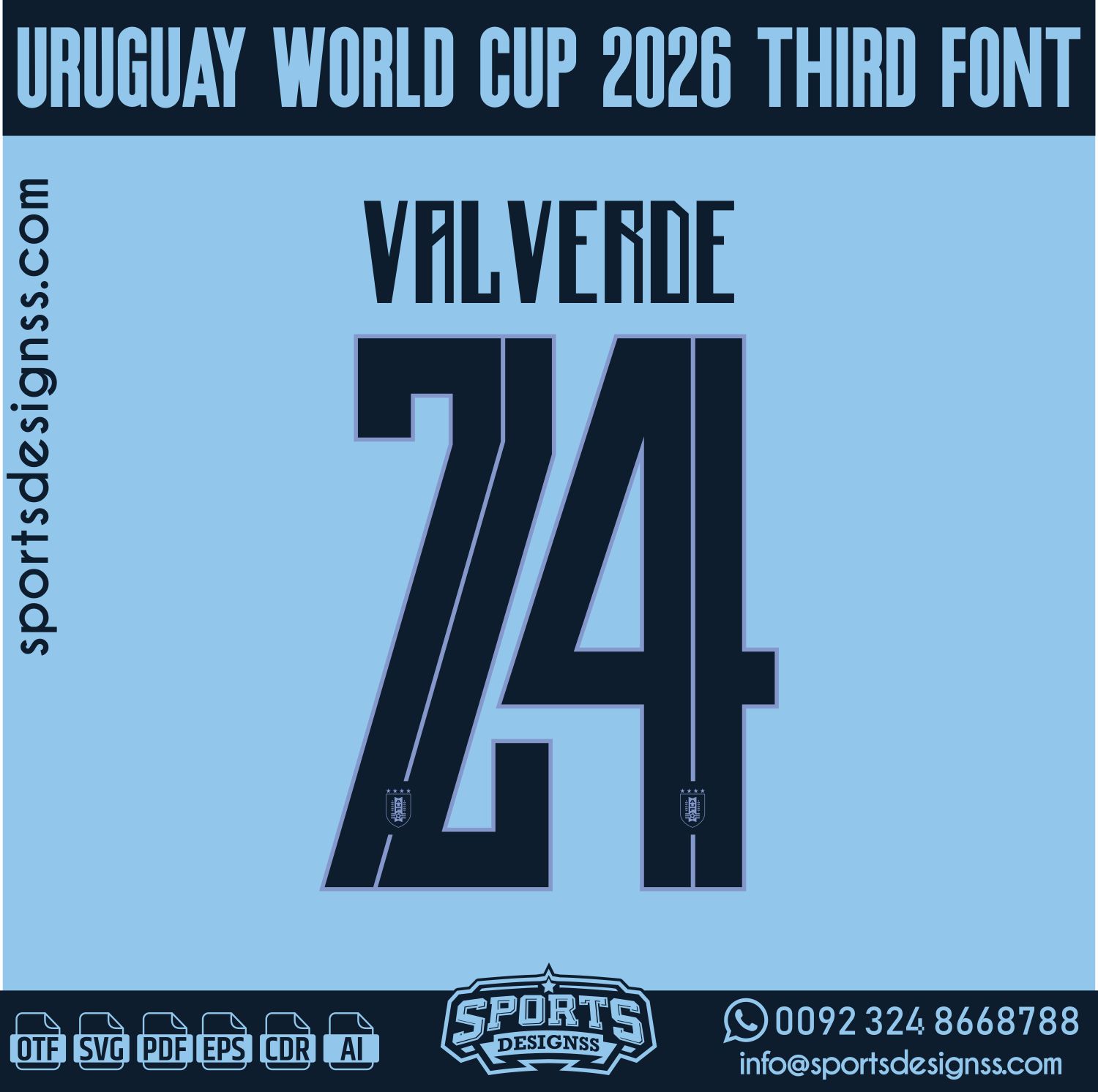 URUGUAY WORLD CUP 2026 FONT by Sports Designss – a premium football jersey font inspired by modern kits. Perfect for creating professional soccer designs, team jerseys, and custom branding projects.