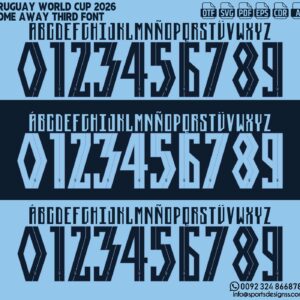 URUGUAY WORLD CUP 2026 FONT by Sports Designss β a premium football jersey font inspired by modern kits. Perfect for creating professional soccer designs, team jerseys, and custom branding projects.