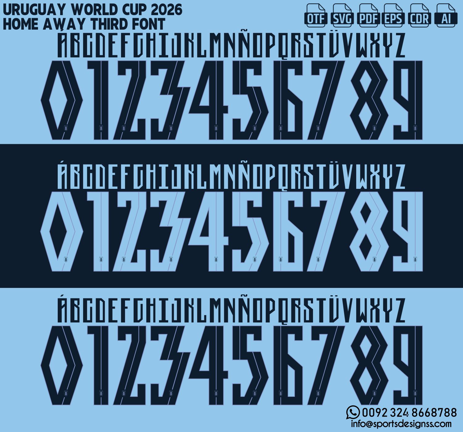 URUGUAY WORLD CUP 2026 FONT by Sports Designss – a premium football jersey font inspired by modern kits. Perfect for creating professional soccer designs, team jerseys, and custom branding projects.