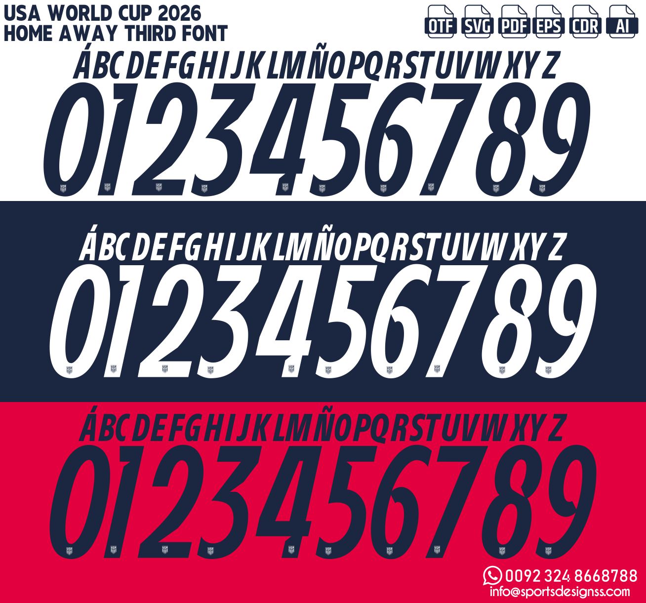 USA WORLD CUP 2026 HOME FONT by Sports Designss – a premium football jersey font inspired by modern kits. Perfect for creating professional soccer designs, team jerseys, and custom branding projects.