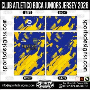 Download CLUB ATLETICO BOCA JUNIORS JERSEY 2026. Premium sublimation football shirt design, editable AI file for custom soccer kits and printing. Professional CLUB ATLETICO BOCA JUNIORS JERSEY 2026. This high-quality vector file is идеально suited for sublimation printing, custom football kits, and sportswear brands. Fully editable and ready for production.