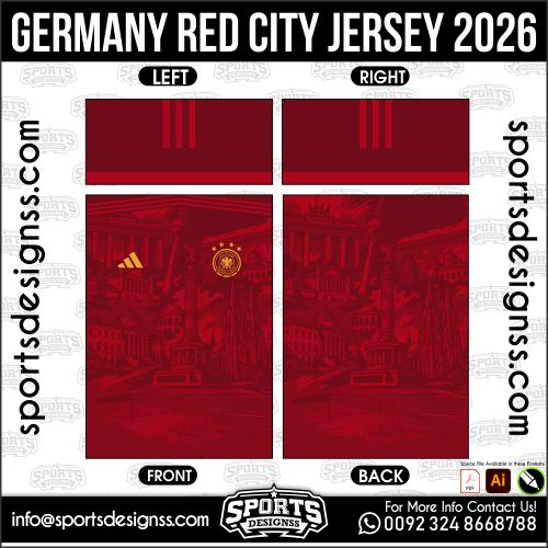 Download GERMANY RED CITY JERSEY 2026. Premium sublimation football shirt design, editable AI file for custom soccer kits and printing. Professional GERMANY RED CITY JERSEY 2026. This high-quality vector file is идеально suited for sublimation printing, custom football kits, and sportswear brands. Fully editable and ready for production.