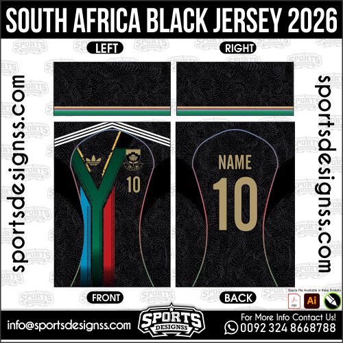 Download SOUTH AFRICA BLACK JERSEY 2026. Premium sublimation football shirt design, editable AI file for custom soccer kits and printing. Professional SOUTH AFRICA BLACK JERSEY 2026. This high-quality vector file is идеально suited for sublimation printing, custom football kits, and sportswear brands. Fully editable and ready for production.